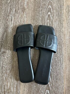 Anine Bing Ria Embossed-Monogram Calf Leather Slides Sz 37